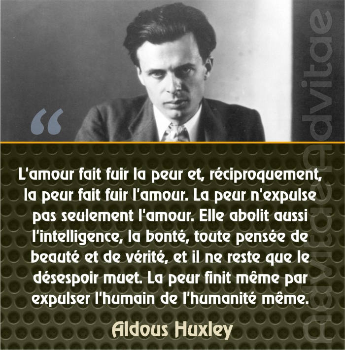 Huxley: L'amour fait fuir la peur et, réciproquement, la peur fait fuir l'amour. Elle abolit aussi l'intelligence, la bonté, toute beauté